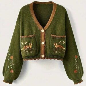Button Up Fox Nature Army Green Cardigan With Pockets